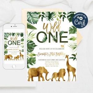 Wild One Invitation: Jungle Animals First Birthday (Editable)