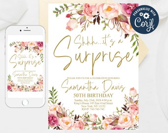 Editable Surprise 50th Birthday Invitation, Women Birthday Invitation, White Floral Birthday Invite, Fifty Birthday Invitation Template 5