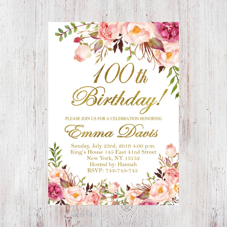 100th Birthday Invitation Floral Women Birthday Invitation Etsy