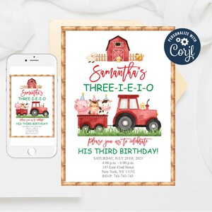 Farm Animals Birthday Invitation: Red Tractor, Barnyard Theme (Editable Template)