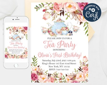 Può includere: Un invito a un tea party rosa e bianco con fiori ad acquerello e una teiera. L'invito dice "Si prega di unirsi a noi per un tea party in onore del primo compleanno di Olivia!" e include la data, l'ora, il luogo e le informazioni RSVP.