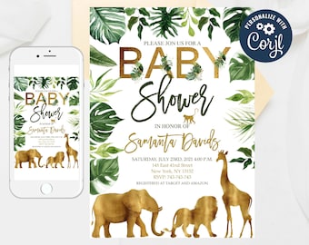 Editable Gold Safari Baby Shower Invitation, Safari Baby Shower, Animal Baby Shower Invitation, Jungle Invitation, Gold Animal Templates 302