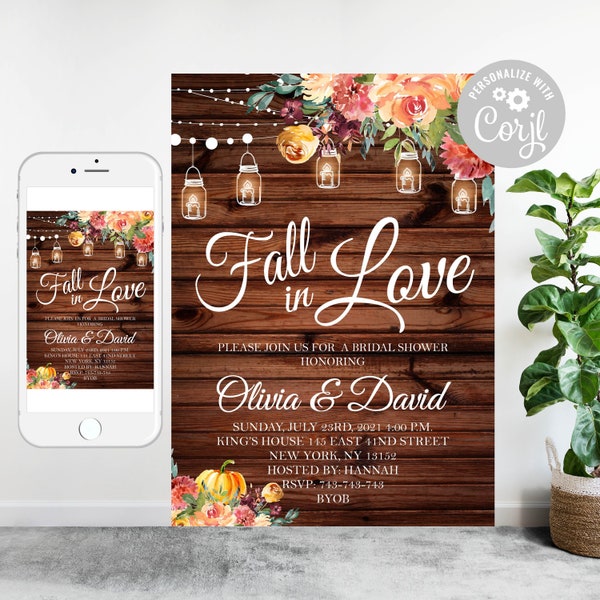 Editable Rustic Fall in Love Bridal Shower Invitation,Fall in Love Invitation, Autumn Bridal Shower String Lights Wood Invitation 5