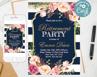 Floral Retirement Party Invitation Template: Editable Woman's Invite (Digital)
