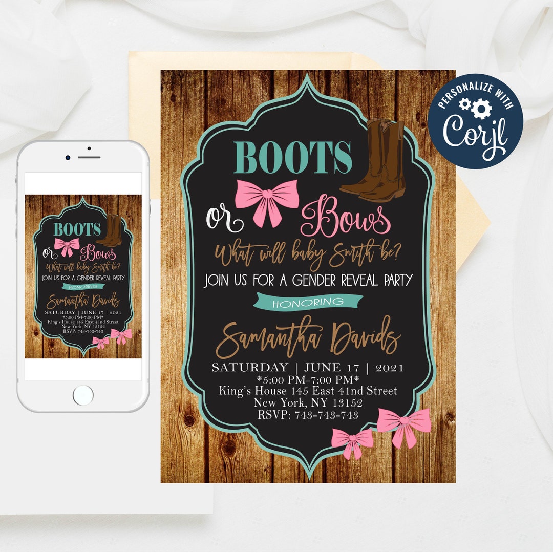 Editable Boots or Bows Gender Reveal Party Invitations, Boy or Girl ...
