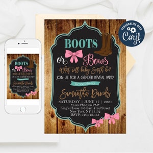 Editable Boots or Bows Gender Reveal Party Invitations, Boy or Girl ...