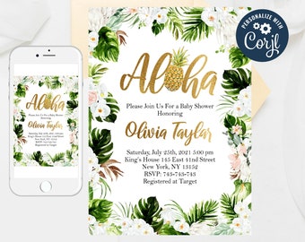 Editable Aloha Invite,Luau Baby Shower Invitation,Pineapple Aloha baby shower,Tropical Aloha Hawaiian Pineapple,Girl Summer Templates 37