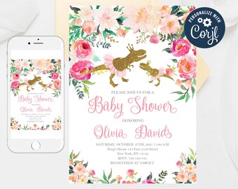 May include: A baby shower invitation featuring a floral design with pink and peach flowers. The invitation includes gold glitter dinosaur illustrations wearing tutus. The text reads "Baby Shower" and "Olivia Davids". A smartphone displays the same design.