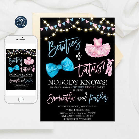 Bowties or Tutus Gender Reveal Invitation: Editable Template - Etsy