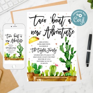 Invito modificabile per andare via Fiesta, invito a una festa in movimento, invito all'avventura, modelli di invito Taco 'Bout A New Adventure 23