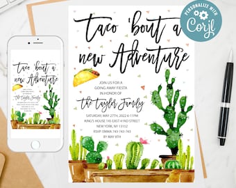 Invitación editable para fiesta de despedida: Taco 'Bout A New Adventure'