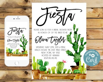 Editable Fiesta Bridal Shower Invitation, Cactus Bridal Shower Invitation, Fiesta Bridal Shower Invitation, Cactus, Watercolor 123