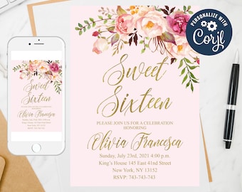 Floral Sweet Sixteen Invitation Template: Editable Birthday Party (Digital)