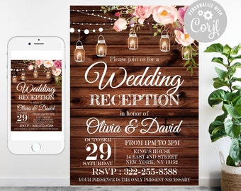 Floral Wedding Reception Invitation: Rustic Light Bulb Design (Editable Template)