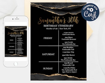 Black & Gold Birthday Itinerary Template (Editable)
