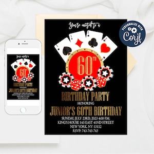 Invitation d'anniversaire de casino modifiable, cartes de jeu d'as, partie de poker, anniversaire de poker, invitation de soirée de casino, modèle de fête de retraite de casino 230-1
