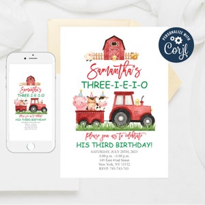 Farm Animals Birthday Invitation: Red Barnyard, Boy 3rd Birthday (Editable Template)