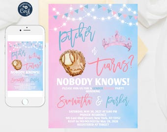 Pitcher or Tiaras Gender Reveal Invitation Template (Digital Download)