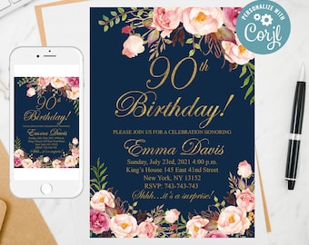 90th Birthday Invitation,Women Birthday Invitation,Floral Navy Women Birthday Invite,Floral Women Birthday Invitation,Navy Birthday Invite