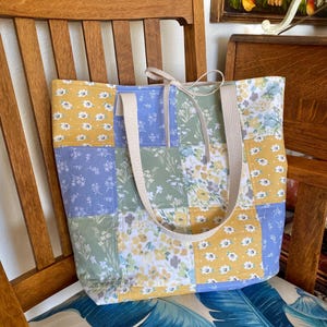 Pastel Spring Floral Quilted Patchwork Cotton Tote with Interior Pocket & Tie Straps
