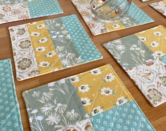 Handmade Quilted Floral Coasters – Patchwork Pastel Fabric Drink Coasters, Set of 4