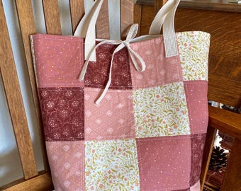 Pink Quilted Patchwork Cotton Tote with Interior Pocket & Tie Straps