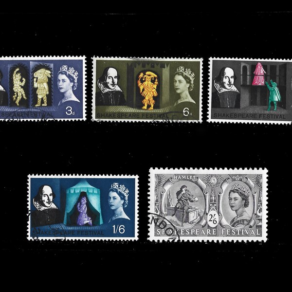 Fine used commemoratives. 1964 William Shakespeare set of 5 fine used stamps. Queen Elizabeth II commemorative issue.