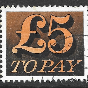 Great Britain 1970 To Pay five pounds decimal issue, no watermark, used stamp. Queen Elizabeth II issue.