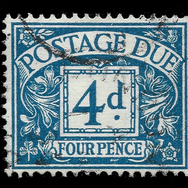 Great Britain 1959 Postage Due 4d blue, Multiple Crown watermark, used stamp. Queen Elizabeth II issue.
