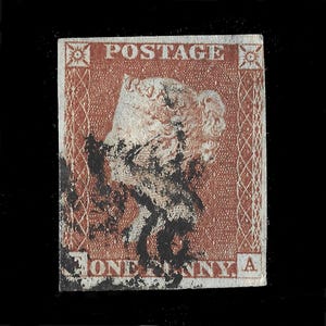 Great Britain 1841 Penny red-brown stamp, EA, used part maltese cross cancel, four margins.  Collect British victorian stamps.