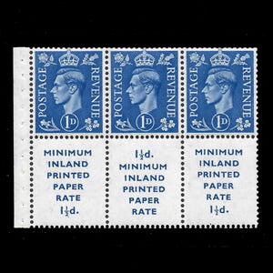 GB 1951 Folleto con 3 sellos de 1d en azul ultramar claro más 3 etiquetas impresas. Sellos postales de la Casa de la Moneda del Rey Jorge VI sin montar de Gran Bretaña.