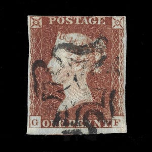 Great Britain 1841 Penny red-brown stamp, GF, fine used maltese cross cancel, four full margins.  Collect British victorian stamps.