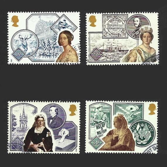 イギリスの切手　茶色のビクトリア　使用済 1987年、ヴィクトリア朝時代のイギリスで発行された、使用済みの美しい