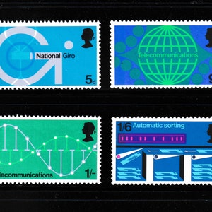 May include: Four vintage postage stamps with various designs. The stamps display the words "National Giro", "Telecommunications", and "Automatic sorting". Each stamp includes a silhouette of a person.