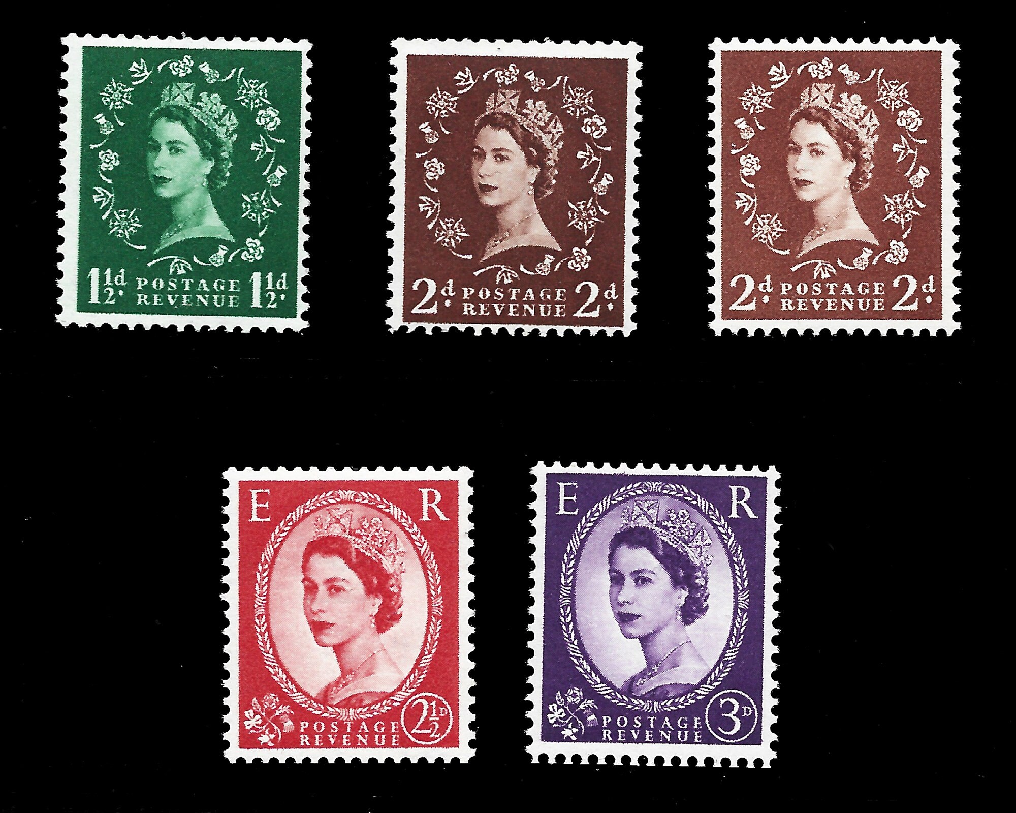 1955 年イギリス標準切手、セントエドワード王冠横向き透かし入り 5 枚