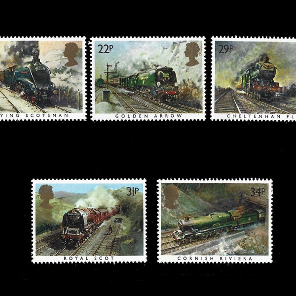 Great Britain 1985 Famous Trains set of 5 mint stamps issued by Royal Mail.  Ideal for collector of British stamps.  Find the mouse.