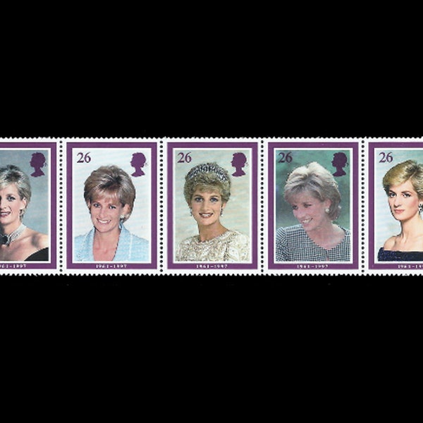 Great Britain 1998 Princess Diana strip of five mint stamps. Queen Elizabeth II commemorative issue. Ideal for collector or for craft work.