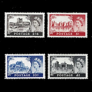イギリス 1955-58 セントエドワード王冠の透かし入り城、軽くマウントされた 4 枚の新品切手セット。