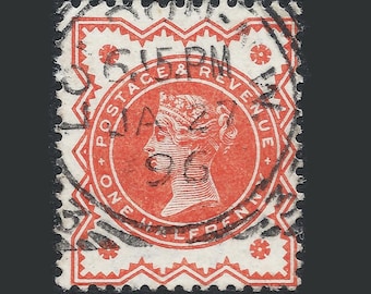 1887 Queen Victoria jubilee halfpenny vermilion fine used stamp from Great Britain.  Ideal for collector of British stamps or craft work.