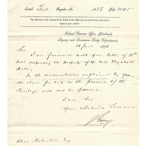 Carta auténtica de 1873 de la Oficina de Impuestos Internos de Edimburgo, en referencia al impuesto sobre la propiedad de la difunta Elizabeth Hill.