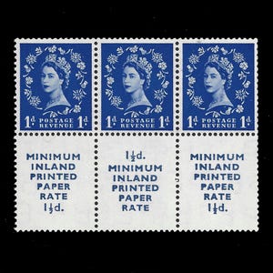 1952 Booklet pane of 3 1d ultramarine stamps plus 3 printed labels, printed paper rate. Great Britain mint stamps with inverted watermark.