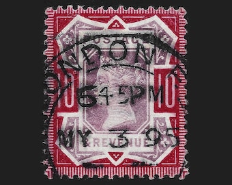 1887 Queen Victoria jubilee ten pence dull purple and deep dull carmine, scarcest shade of 10d, fine used stamp from Great Britain.