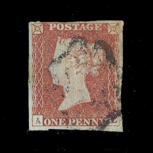 Great Britain 1841 Penny red-brown stamp, AL, used maltese cross cancel, four full margins.  Collect British victorian stamps.