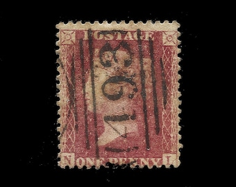 Grande-Bretagne 1857 Penny étoiles rouges, grand filigrane couronne, papier blanchâtre, utilisé. Pour les collectionneurs de timbres victoriens britanniques.