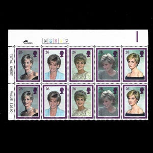 Great Britain 1998 Princess Diana cylinder block of ten mint stamps. Queen Elizabeth II commemorative issue.