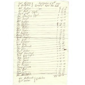 Facturas auténticas del impuesto territorial de 1738 para Langtoft, East Riding de Yorkshire, con lista de nombres y cantidades a recaudar. Documento histórico.