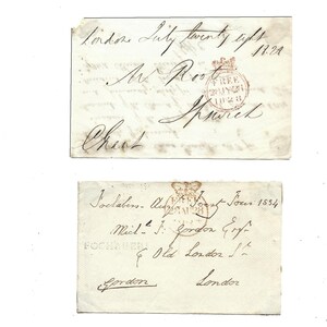 Frentes libres genuinos de 1828 y 1934 con sello claro y GRATIS y firma del miembro del Parlamento o de la Cámara de los Lores.
