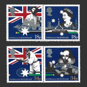 GB 1988: tweehonderdste verjaardag van de Australische nederzettingenset van 4 nieuwe postzegels, uitgegeven als twee samengevoegde paren.  Verzamel Britse postzegels.