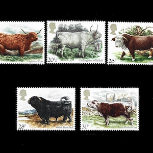 Serie de cinco sellos conmemorativos en perfecto estado de conservación del ganado británico de 1984. Colecciona sellos británicos.
