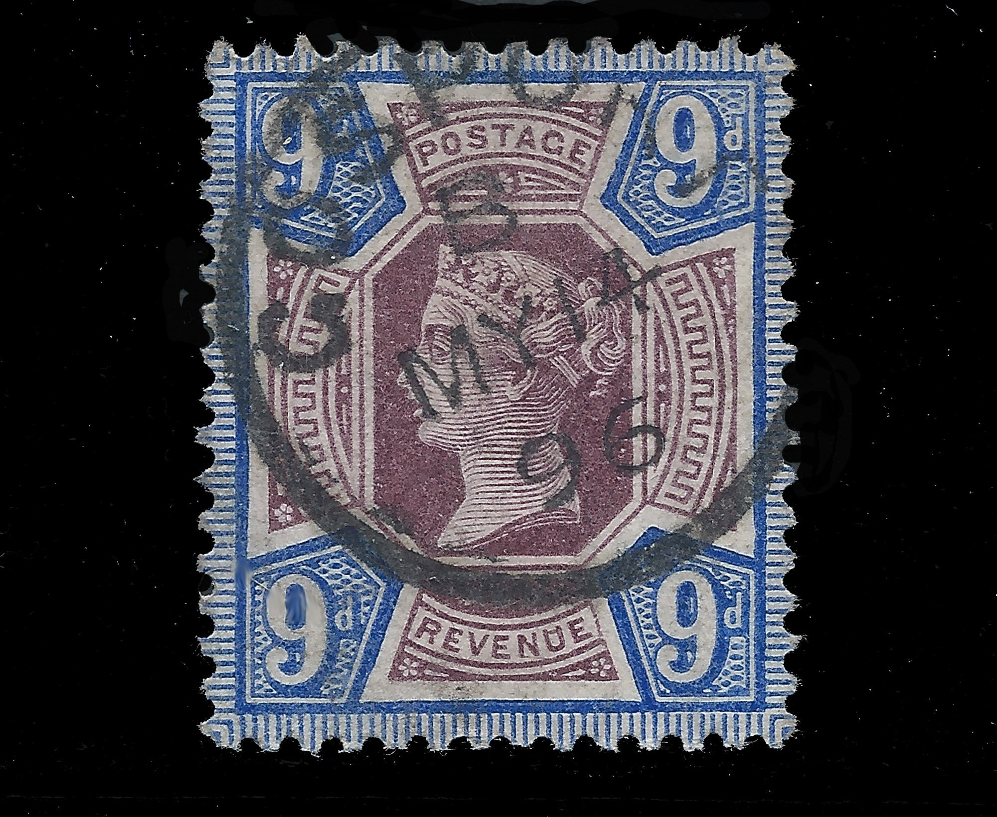 Image of 1887 Queen Victoria Jubilee Nine Pence Fine Used Stamp From Great Britain. Ideal For Collector Of British Stamps Or Craft Work